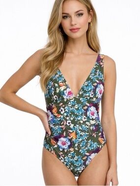 Women's Floral One Piece Swimsuit L‎ Multicolor V-Neck Backless